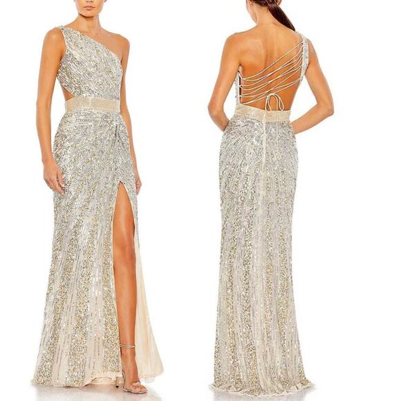 NWT Mac Duggal One Shoulder Lace Up Back Sequin Gown Nude Silver Formal Size 4 - Picture 1 of 6